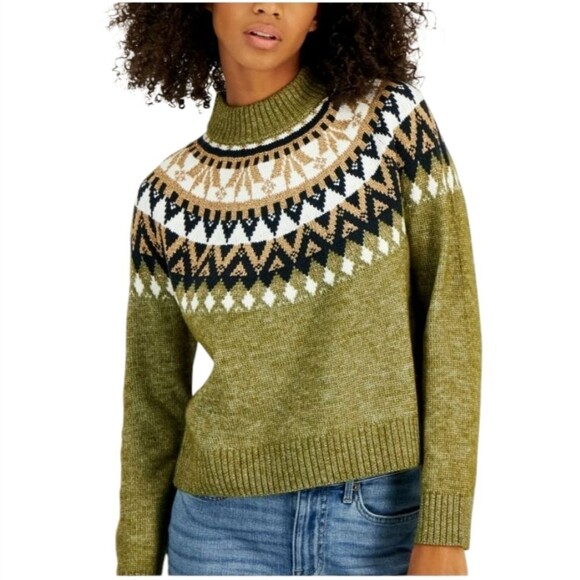 TOMMY HILFIGER Metallic Ribbed Trim Fair Isle Pattern Pullover Sweater Size L - Picture 1 of 7